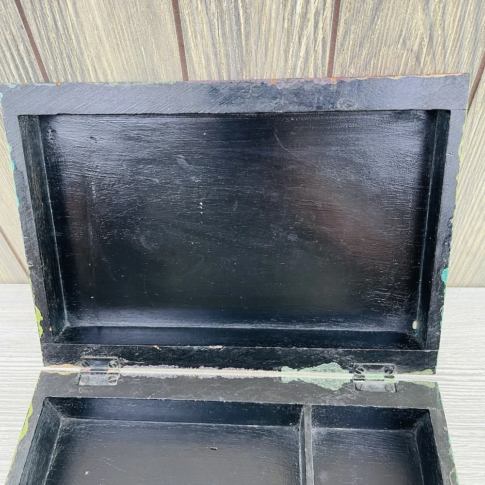 Vintage Hand Painted Wooden Box Parrot Floral Jewelry Storage Trinket